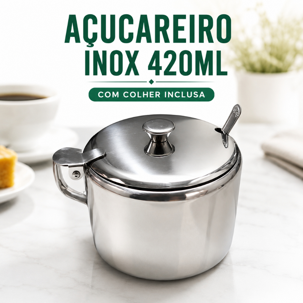 Açucareiro Porta Açúcar Inox Colher Inclusa ou Açucareiro Saleiro Bambu Porta Temperos Com Colher