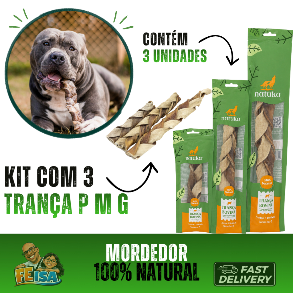 Kit com 3 Mordedores 100% Naturais Trança P M G Natuka Cão