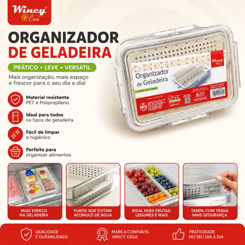 Organizador de Geladeira com Tampa e Trava Wincy Casa | Porta Frutas, Legumes e Alimentos |