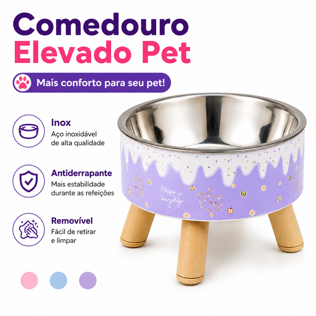 Comedouro Elevado para Gatos e Cães Pequenos Inox Antiderrapante Removível Fácil de Limpar 14cm