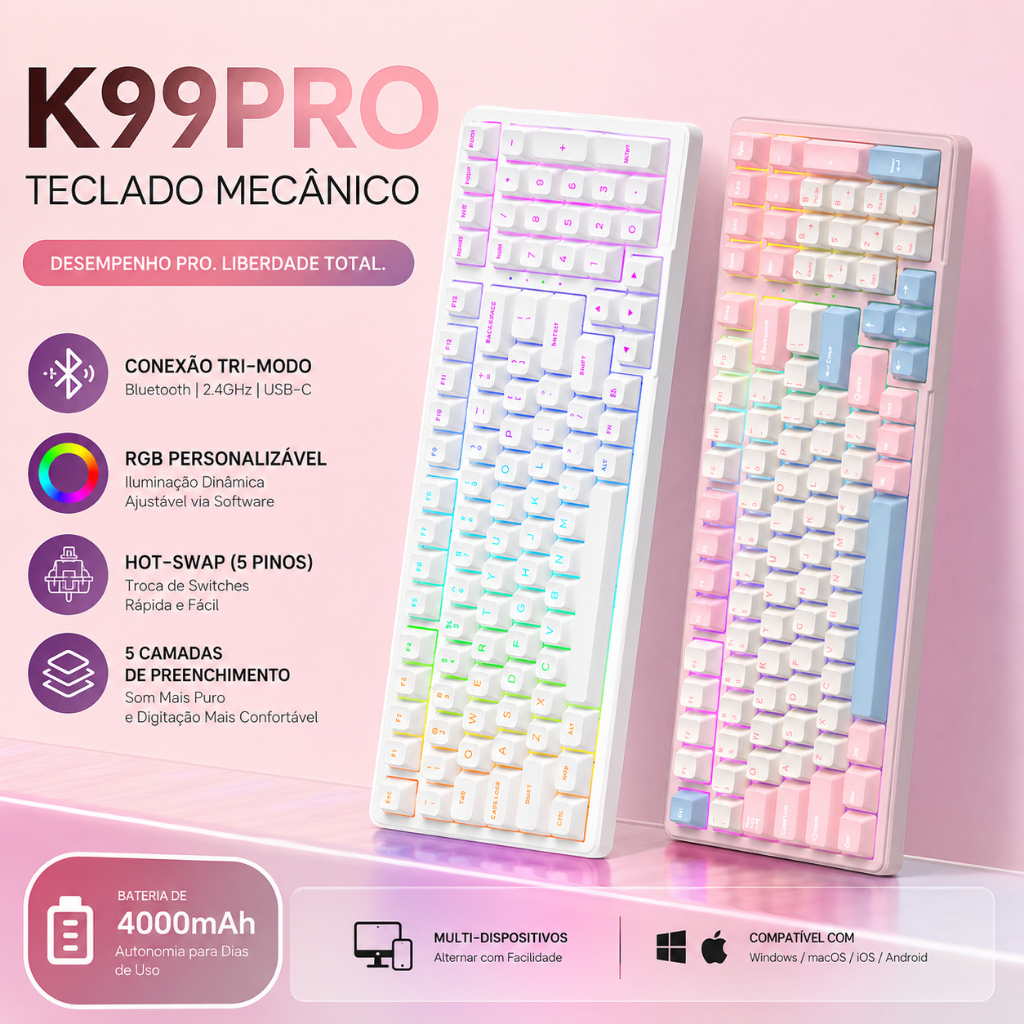 K99PRO Teclado Mecânico gamer Wireless Hot Swap 5 pinos Switch Software RGB Anti-Ghosting NKRO PC tablet notebook