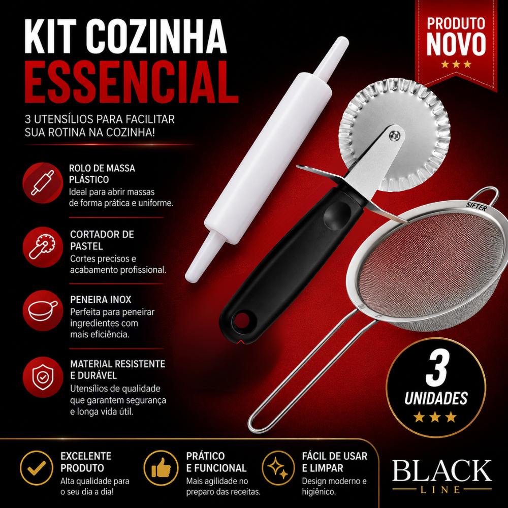 3 Un Rolo de Massa Plástico + Cortador de Pastel Inox cabo plástico+ Peneira Inox Excelente Produto