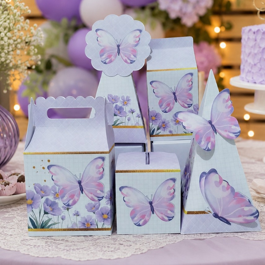 Caixinhas - tema borboleta lilás  jardim encantado lilás - embalagens  e lembrancinhas temáticas para aniversário