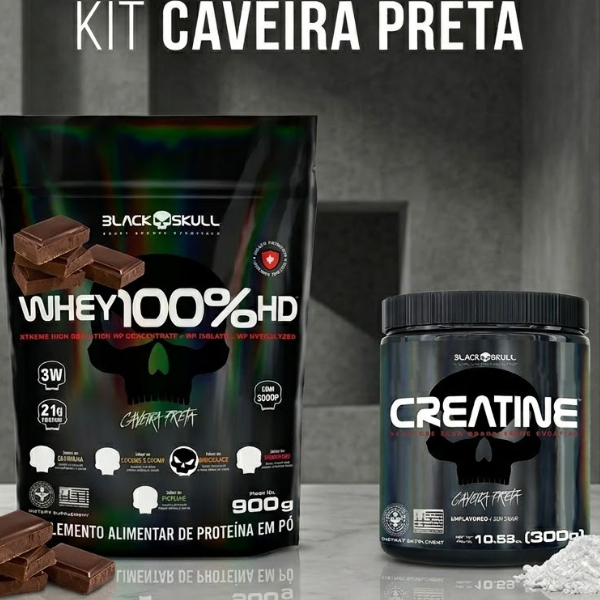 Kit Black Skull: Whey Protein 100% HD 900g + Creatina 300g 100% Pura