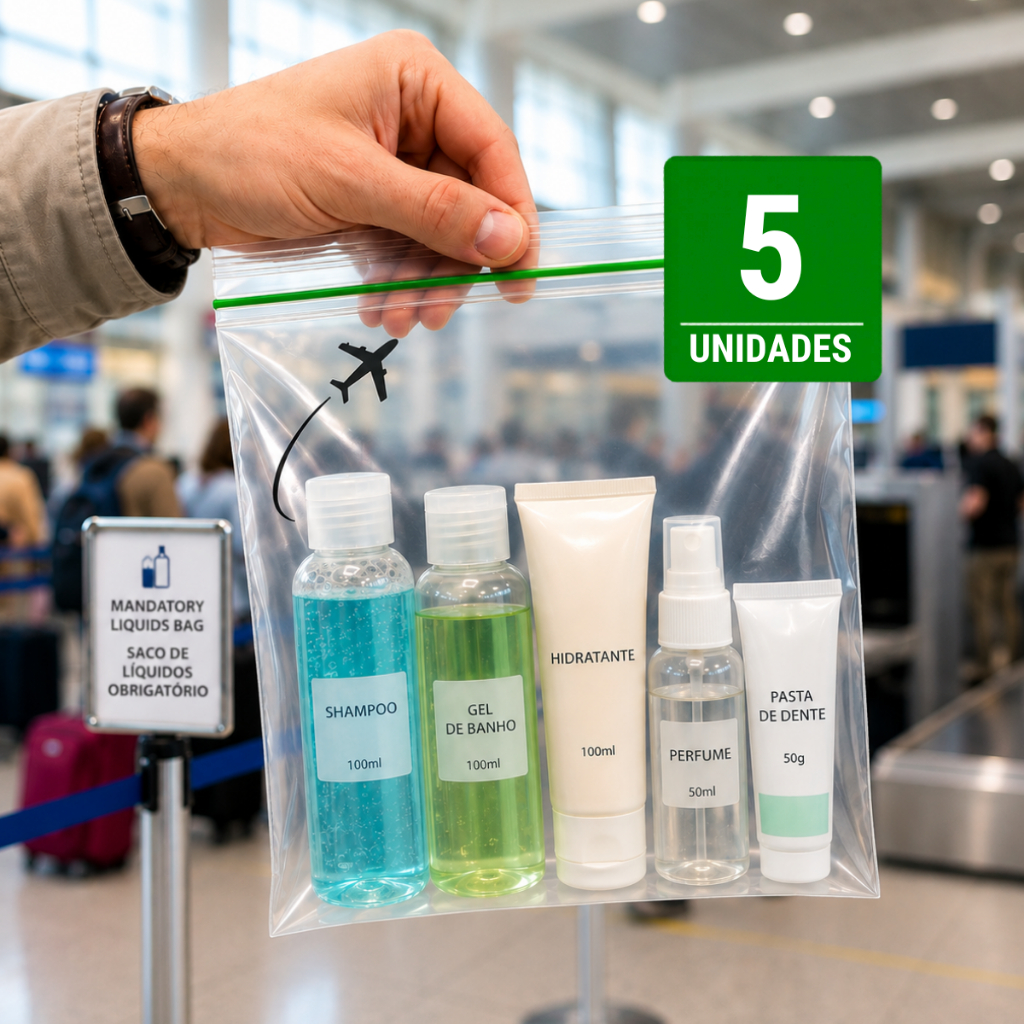 10 Sacos Zip 20x20 cm Viagem Internacional Oficial Líquidos Aeroporto