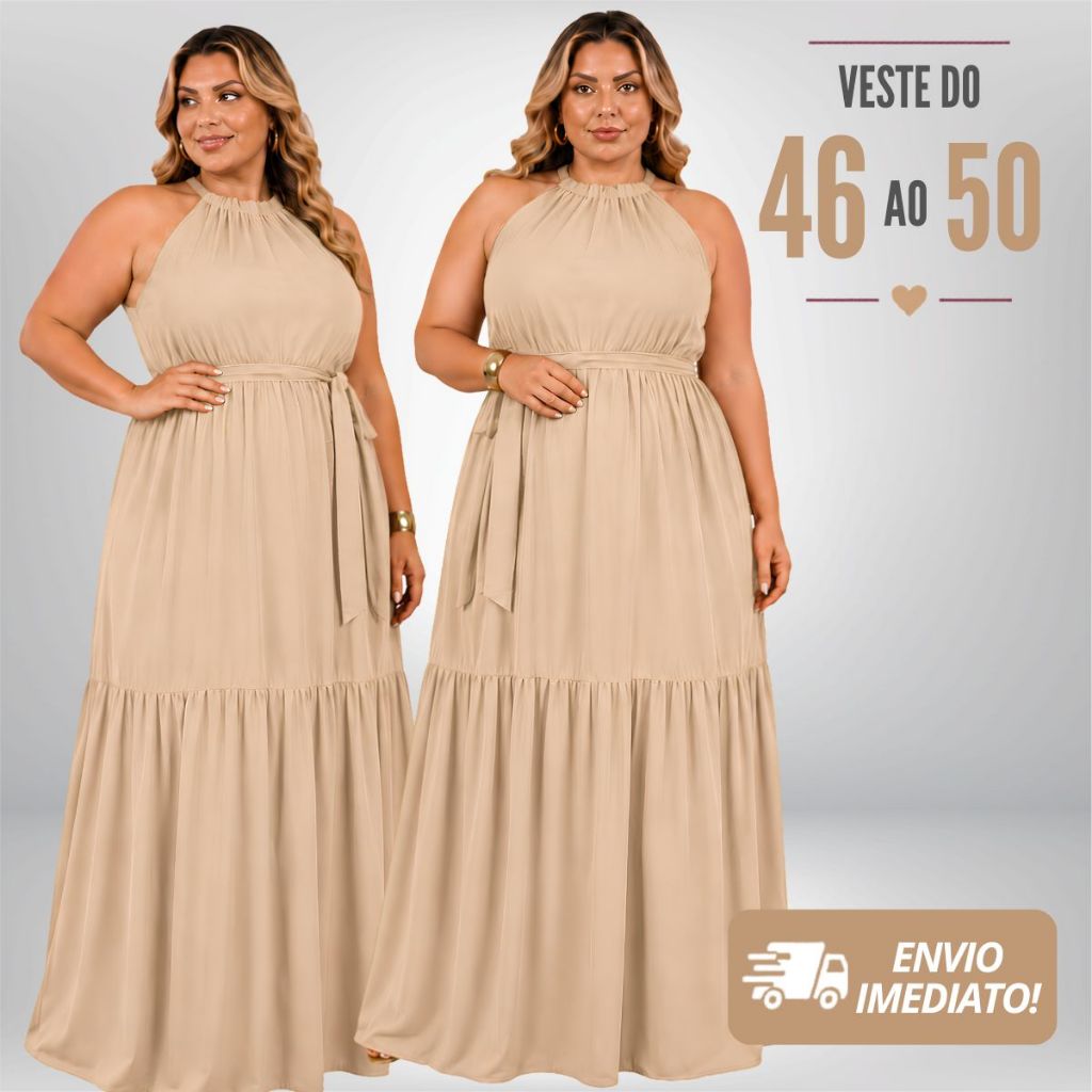 Vestido Longo Plus Size Gola Alta Elegante Soltinho Festa