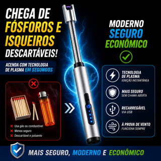 Acendedor Elétrico Recarregável USB Plasma para Fogão Churrasqueira Velas Haste Flexível LED
