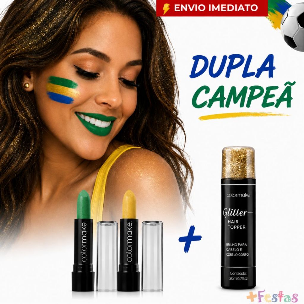 Kit Batom Verde Amarelo + Glitter Cabelo e Corpo Dourado Suave Popper Maquiagem Brasil Copa Do Mundo