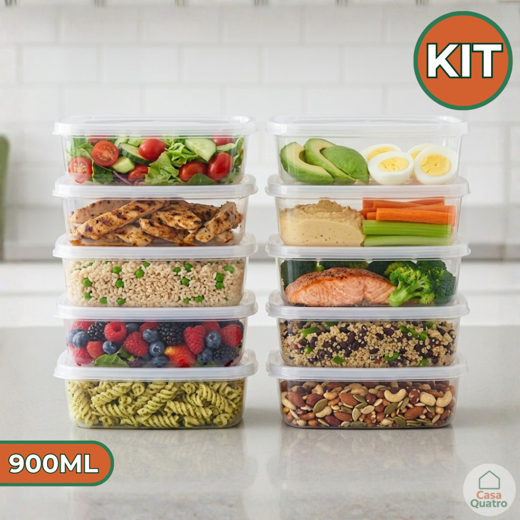 Kit 10 Potes Plastico Transparente  900ml Marmita Organizadores Multiuso Para Alimentos Microondas Freezer