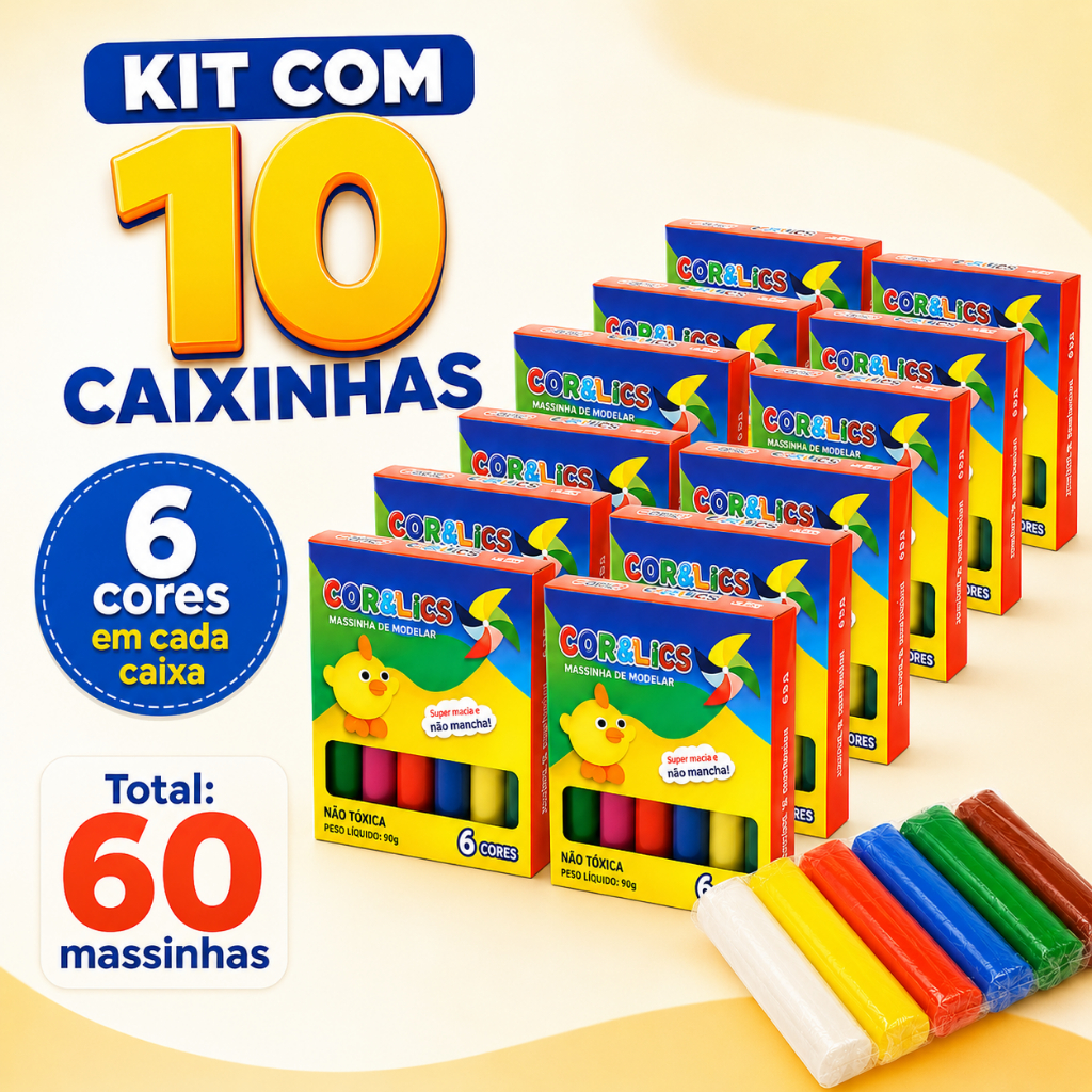 Kit 10 Caixas Massinha de Modelar com 6 Cores Kit Festa Intantil Lembracinhas 65g