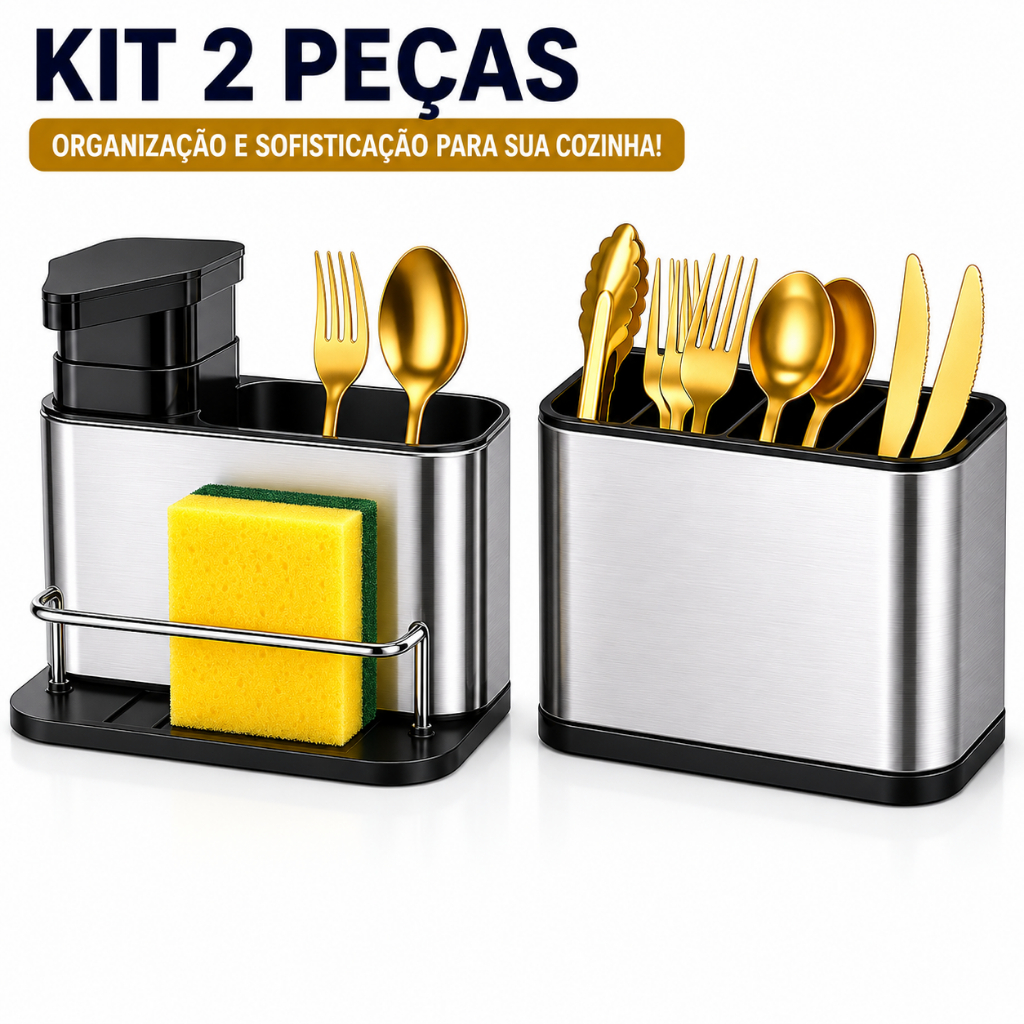 Kit Porta Talheres + Porta Detergente Inox 3 em 1 Organizador de Pia Moderno Escorredor Cozinha