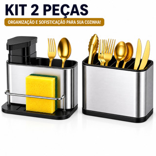 Kit Porta Talheres + Porta Detergente Inox 3 em 1 Organizador de Pia Moderno Escorredor C…
