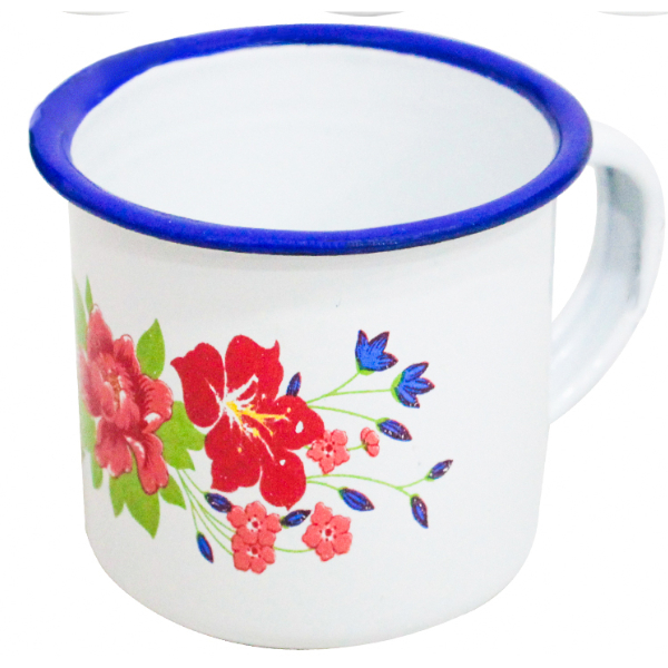 Caneca de Ágata Esmaltada Vintage 150ml Branca com Estampa Floral - Caneca Decorada de Metal Rústica para Café e Chá