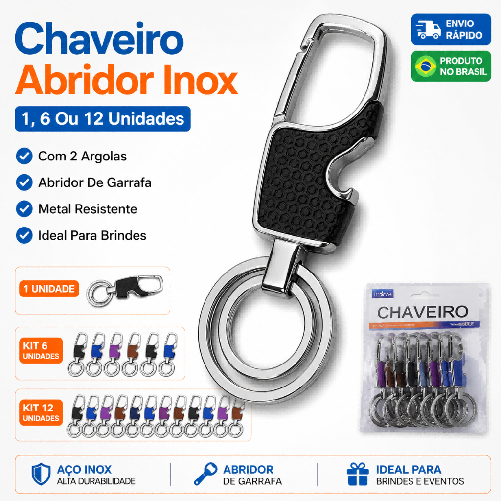 Chaveiro Abridor De Garrafa Inox Com 2 Argolas Kit 6 e Kit 12 Brinde Lembrancinha