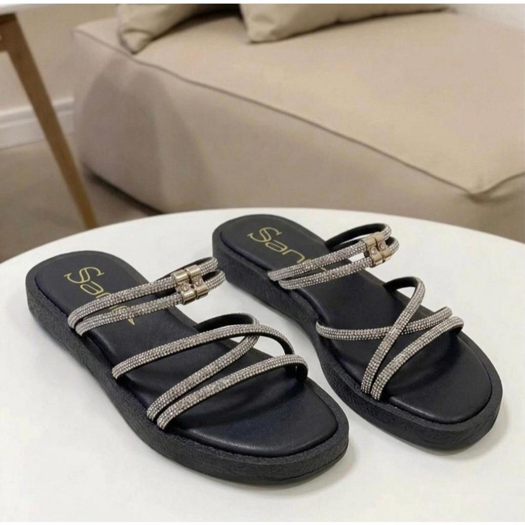 Papete Sanf Feminina Flatform Confortável Brilho Chinela Ajuste Strass Elegante Flat Sandália