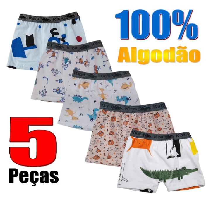 Cueca Boxer Infantil Masculina 100% Algodão | Kit 5 Peças | Estampadas | Super Confortável