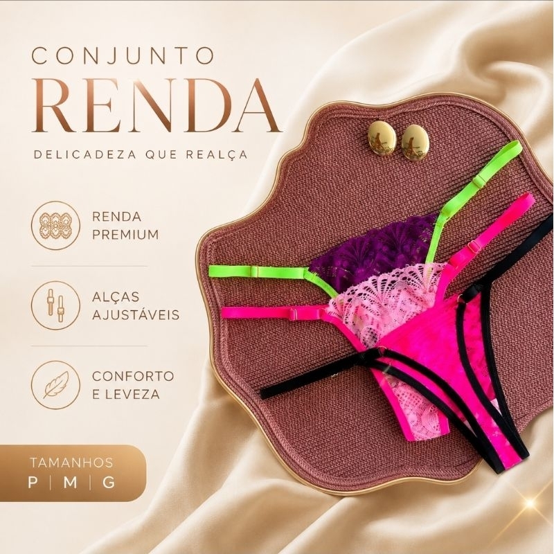 Kit Tanga Fio Dental Feminina em Renda Bicolor com Regulagem Lateral | Calcinha Sensual, Confortável e Ajuste Perfeito