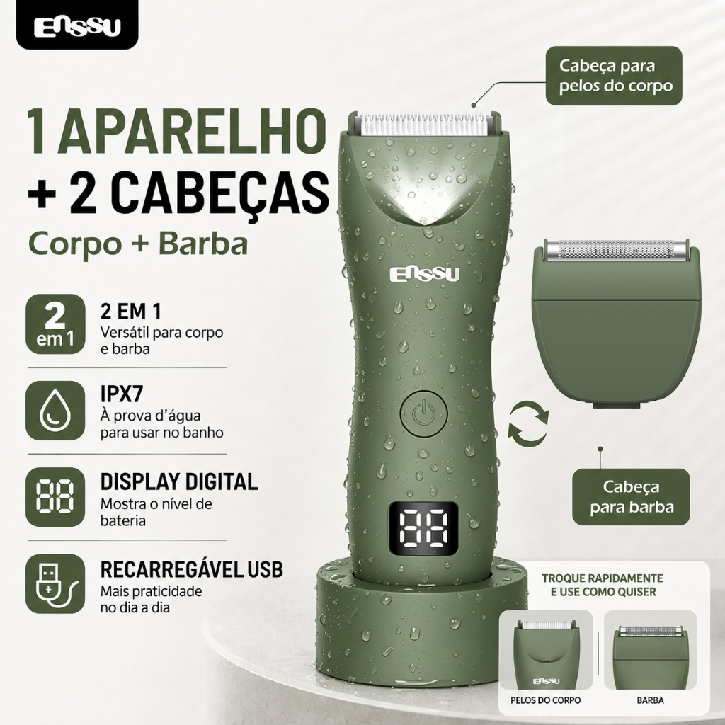 Barbeador e Aparador de Pelos 2 em 1 Corpo Barba Virilha IPX7 Recarregável USB LED Sem Fio