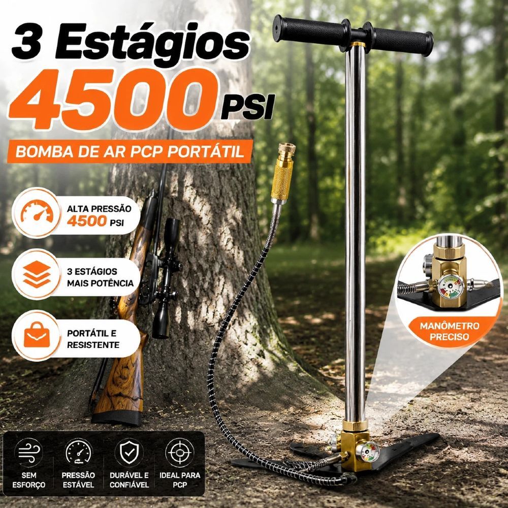 Bomba PCP Manual Alta Pressão 3 Estágios 4500PSI 310bar em Aço Inoxidável Resistente, Kit Acessórios Completo