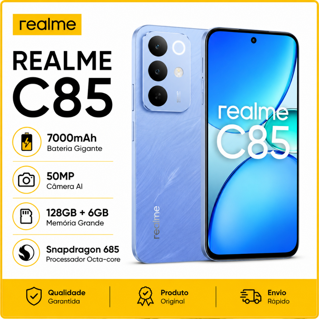 Realme C85 4G 128GB 6GB RAM NFC Smartphone 50MP Câmera IA Bateria Longa Duração Dual SIM Desbloqueado Novo
