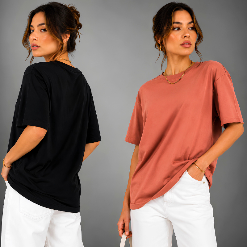 Kit 2 Camisetas Femininas Oversized Algodão Premium Manga Curta Soltinha Básica