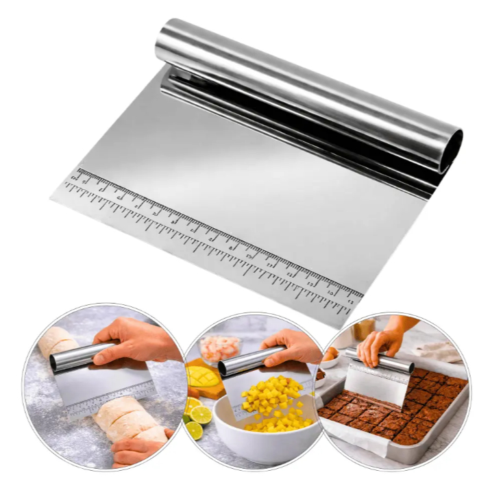 Espátula Cortador Raspador Cabo Tubular em Aço Inox P/ Massas, Pão, Bolo com Régua