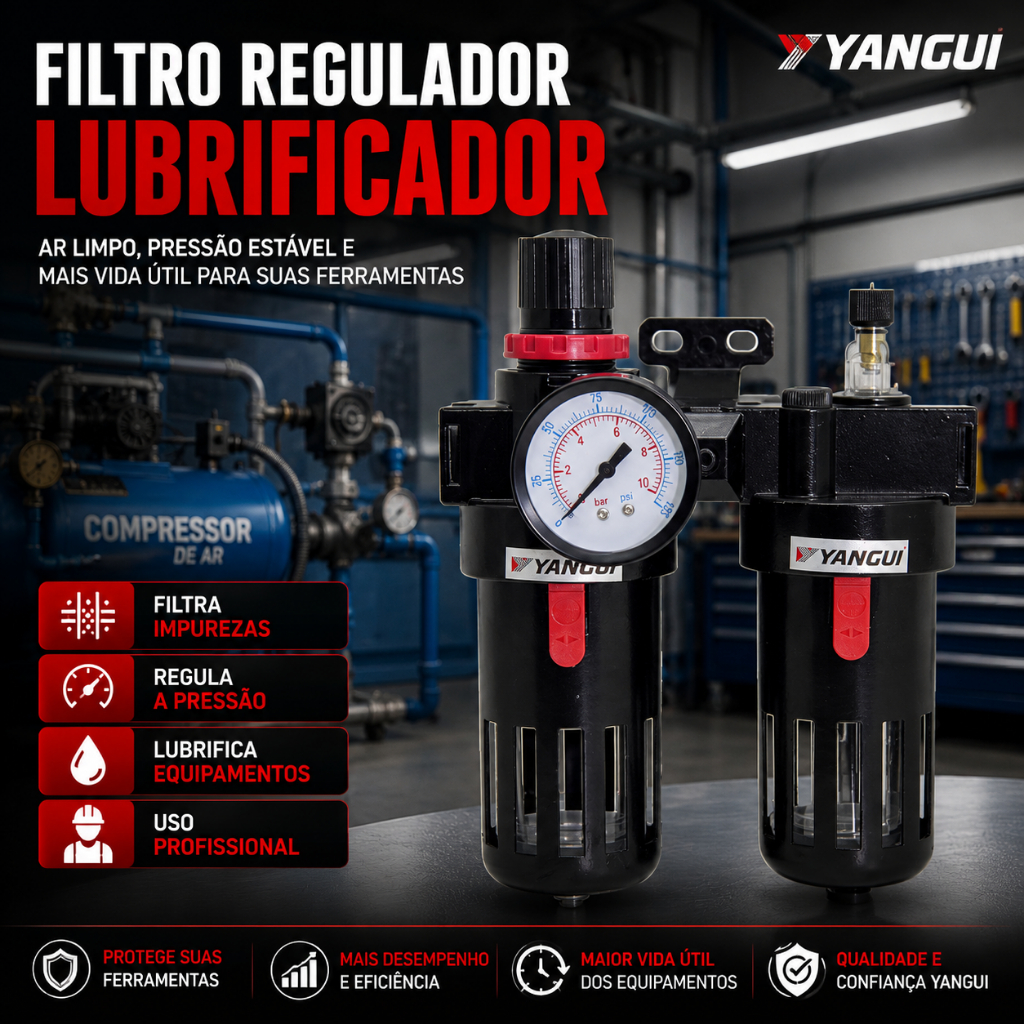 Filtro Regulador Lubrificador De Ar FRL Com Manômetro Yangui