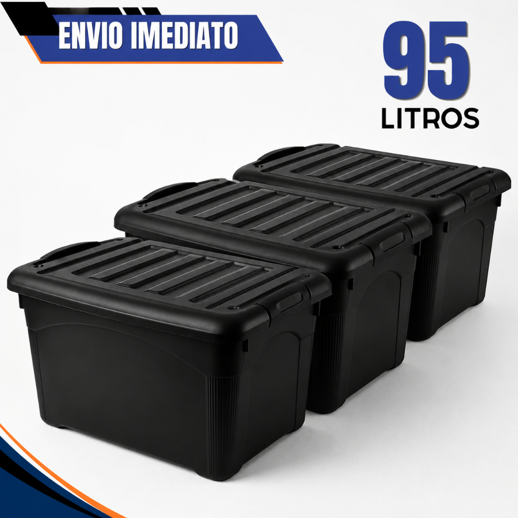 Kit 3 Unidades Caixa Organizadora 95 Litros Preta Com Rodinhas e Trava Reforçada
