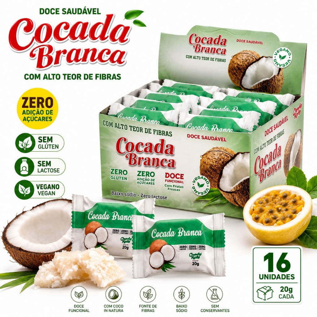 Cocada Branca Zero Açúcar Candy Katy Display 16 Unidades Vegana Sem Glúten