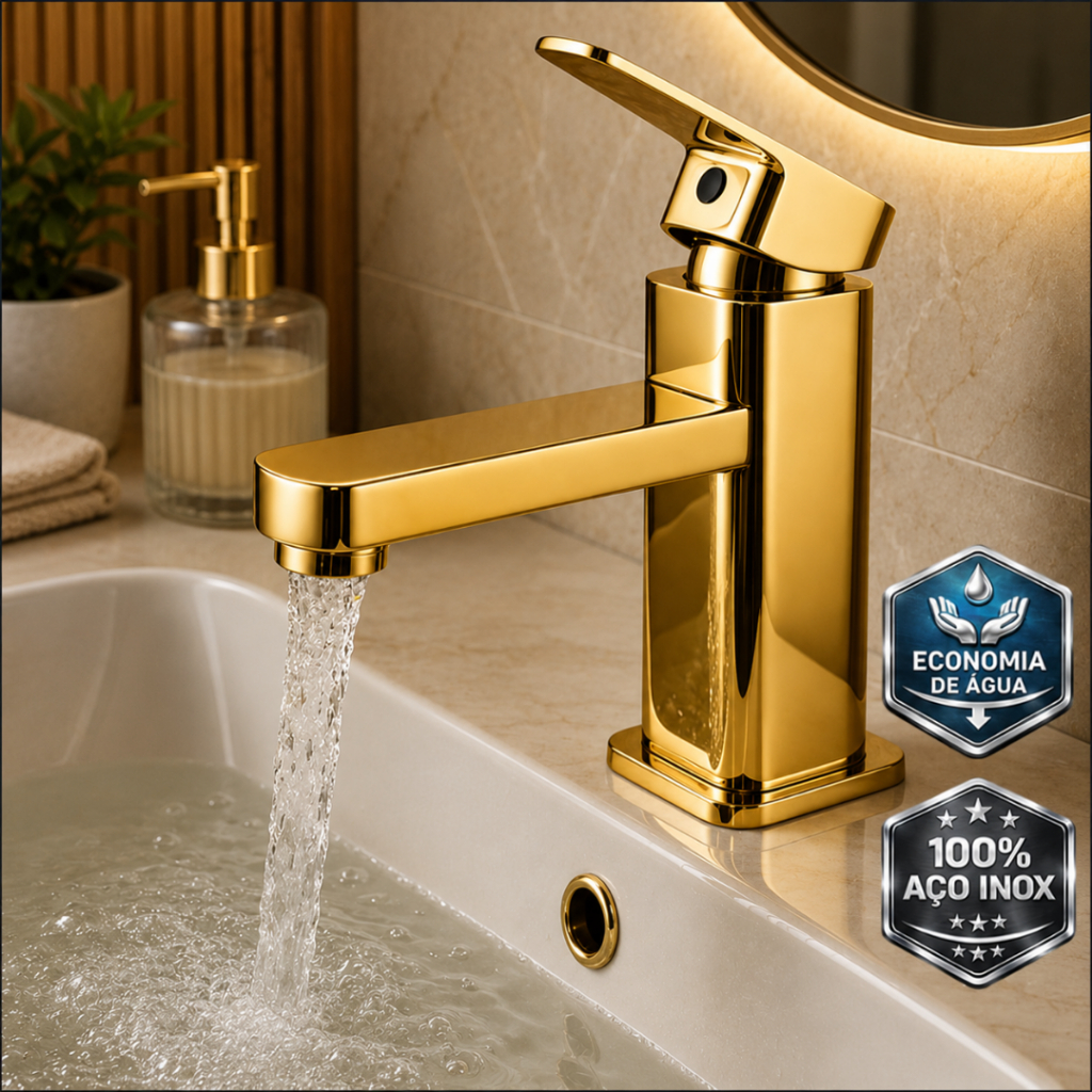 Torneira para Pia de Banheiro Bica Baixa Torneira para Banheiro Inox Misturadora Dourada Gold