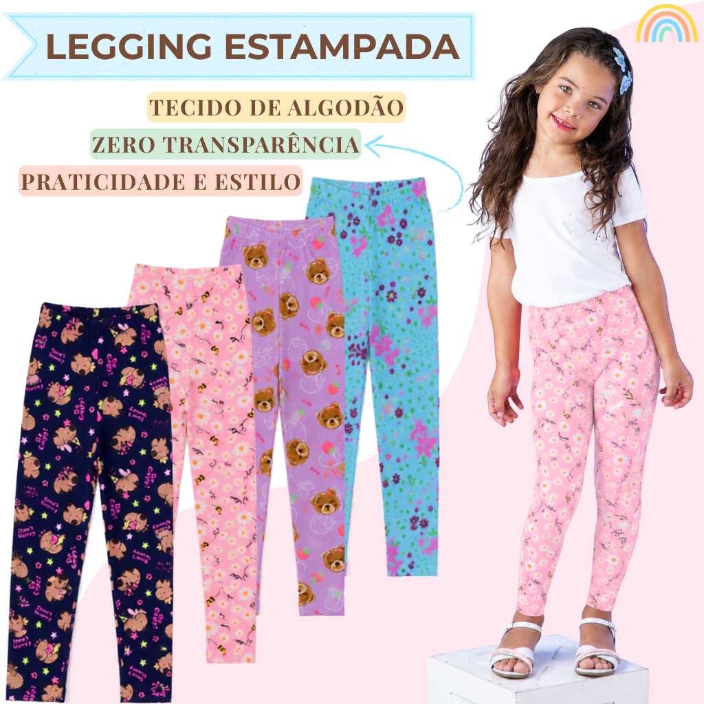 Kits de 2,4 e 6 Calças Legging Leg Estampada Sortidas Infantil Menina Roupa Feminina 2 ao 14