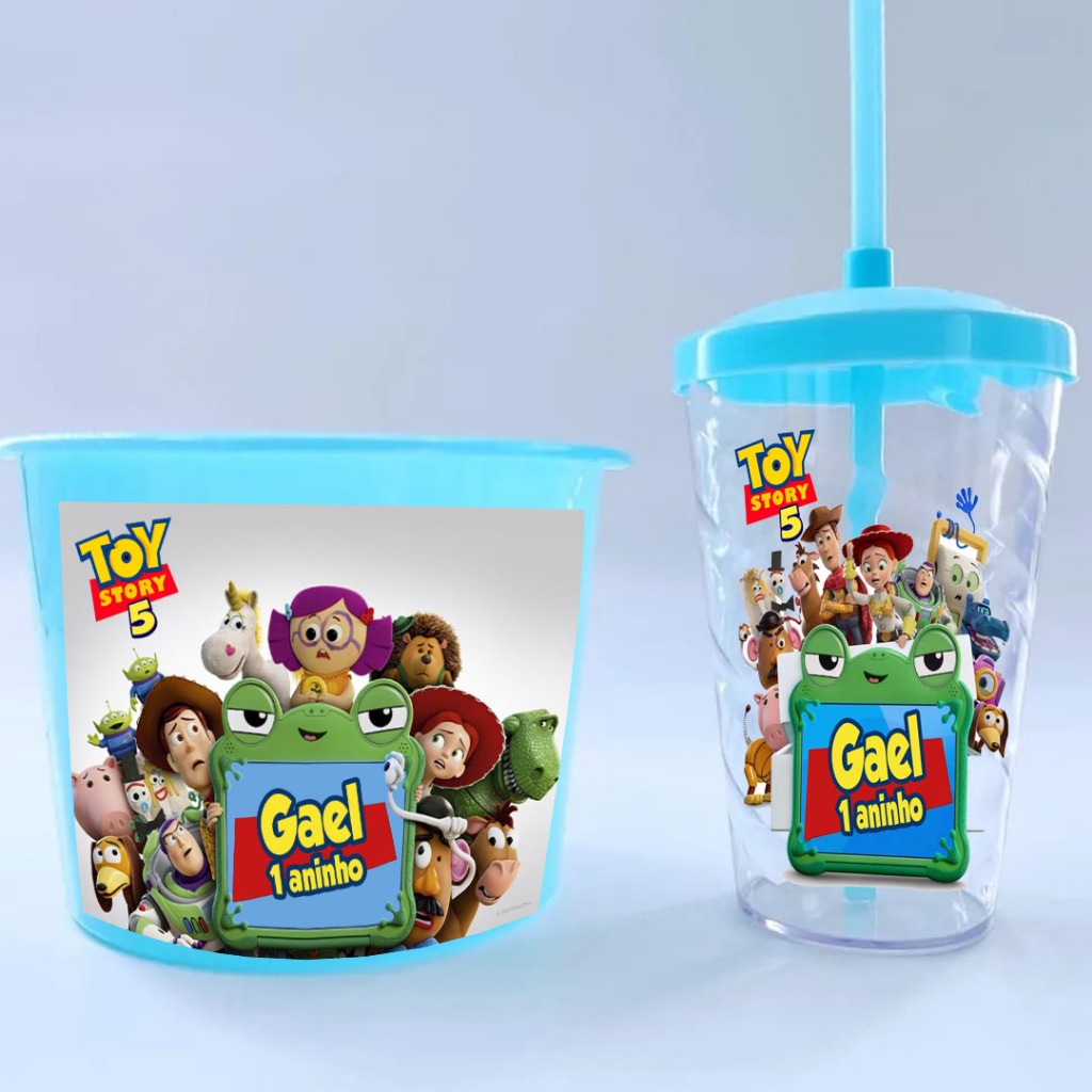 Kit Cineminha Toy Story c/Balde de Pipoca 1,5l + Copo Twister Grandão Personalizado c/Embalagens!!!!