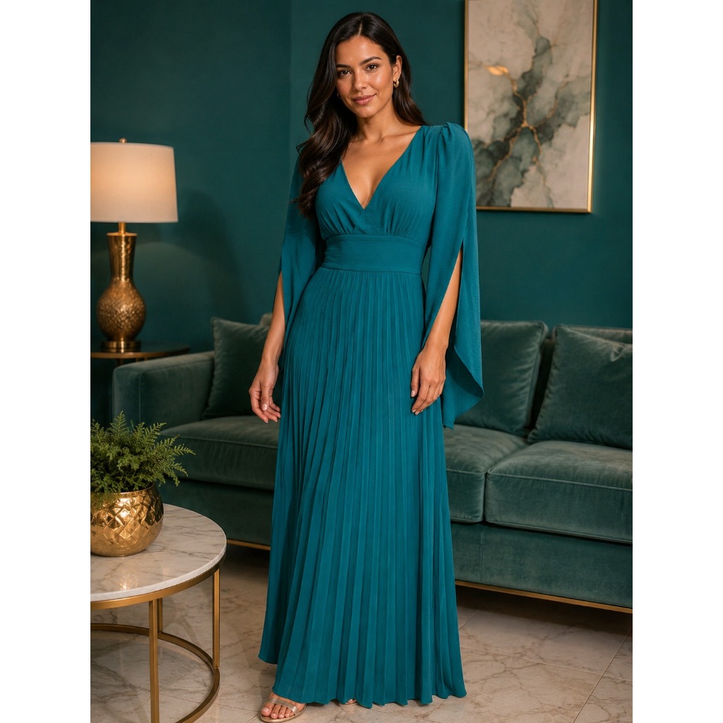 Vestido Feminino Longo Plissado com Manga Aberta  Festa Casamento Madrinhas Formatura moda 2026