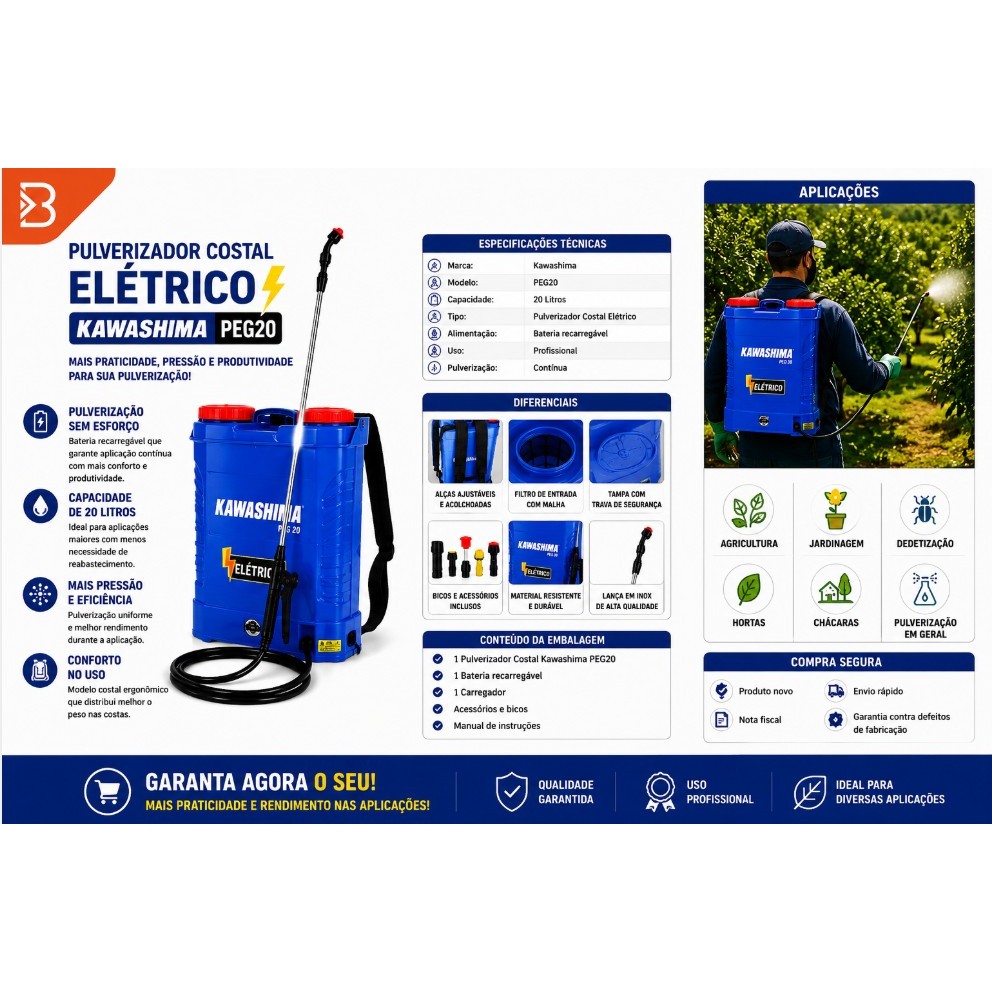 Pulverizador Costal Kawashima 20L Elétrico Com Bateria Recarregável · foto 2