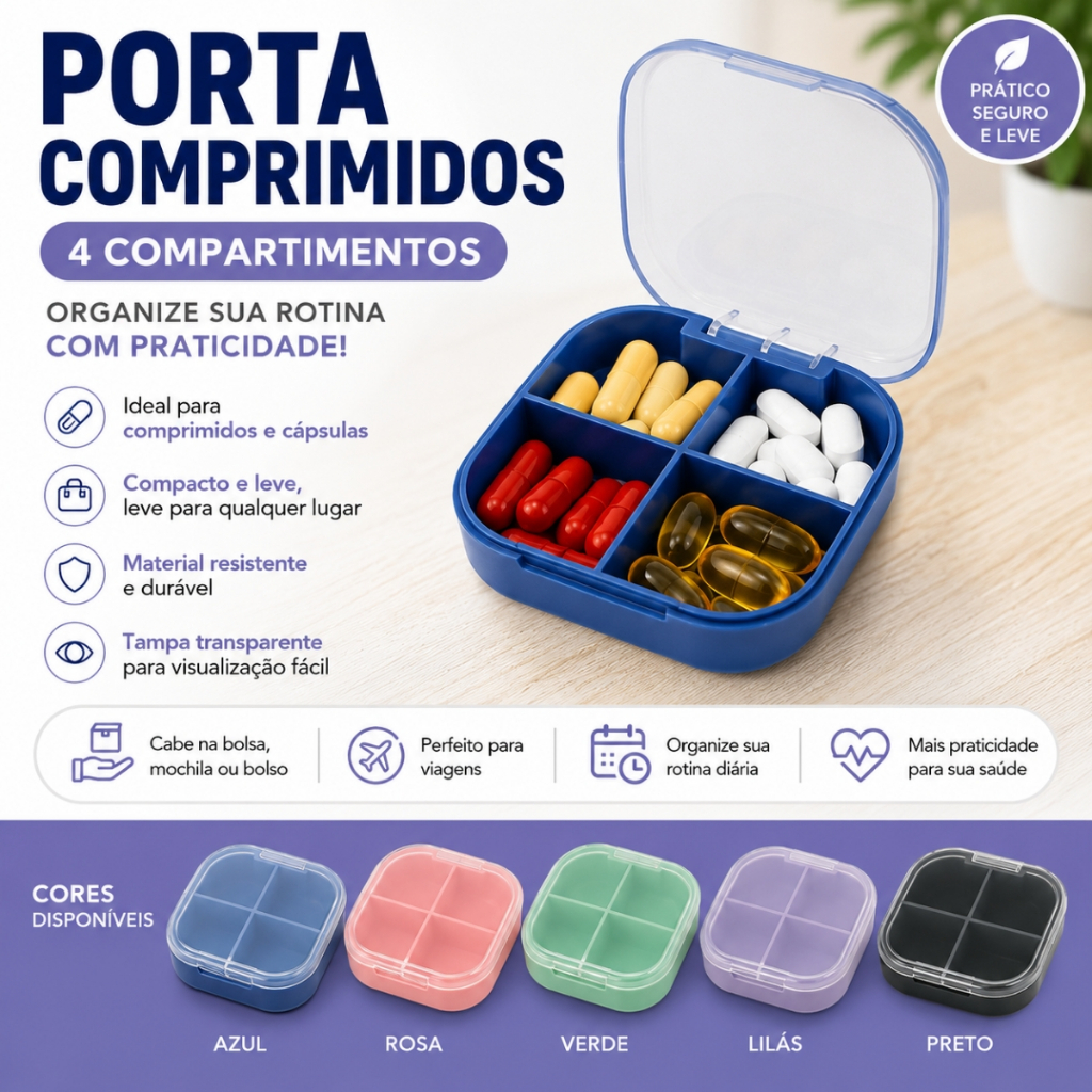Porta Comprimido Organizador de Remédios Medicamento 4 Divisórias Quadrado Portátil Viagem Prático Vitaminas Suplementos