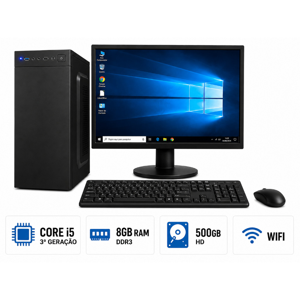 Computador Completo Intel Core i5 3ª Geração 8GB DDR3 HD 500GB WiFi Windows Monitor 19" Estudos