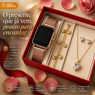 Relógio Feminino Digital de Led + Colar Brincos Folheado Ouro + Pulseira Feminina com Caixa - Presente dia dos namorados