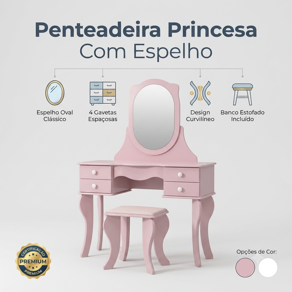 Penteadeira Princesa Com Espelho  - Rosa / Branco Com Banqueta
