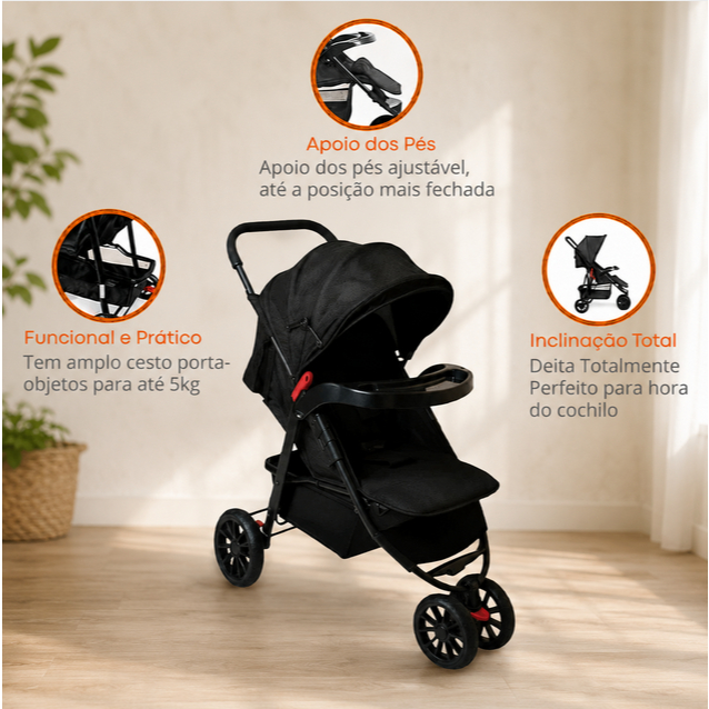 Carrinho de Bebê Reclinável com Alça até 20kg Reversível Acolchoado Carrinho bebe passeio Premium