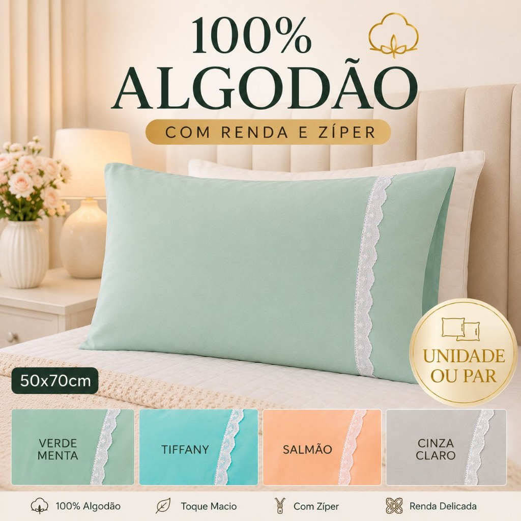 Fronha 50x70 Algodão Com Renda Delicada e Zíper Oculto Macia Unidade ou Par