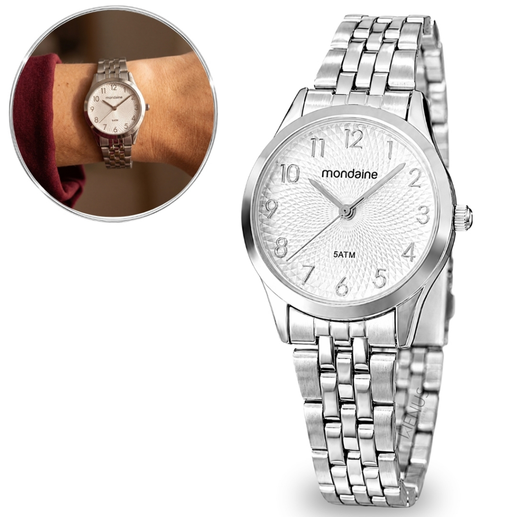 Relógio Mondaine Feminino De Pulso Analógico Pequeno Prateado Com Pulseira Em Aço Inox A Prova Dágua 50 Metros Original