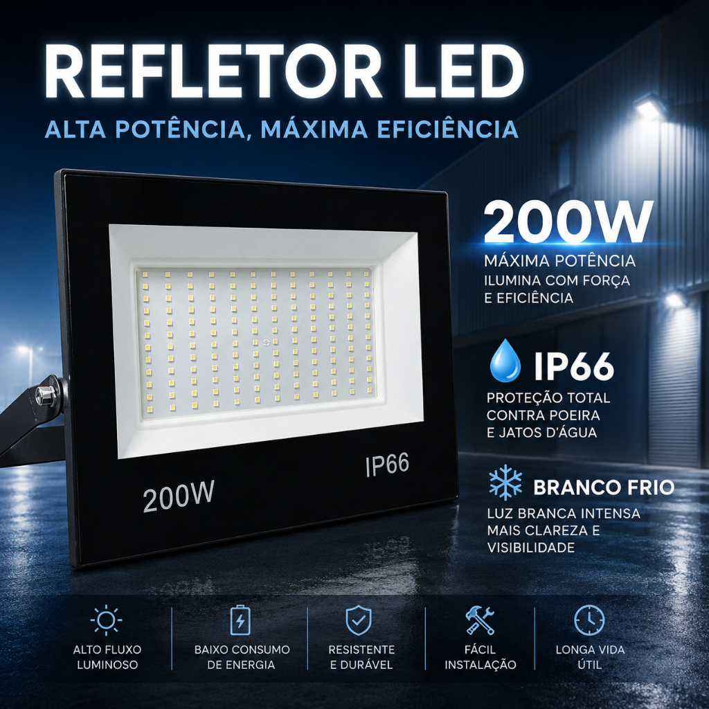 Refletor Holofote LED 200W Bivolt Branco Frio Ip66 Prova D'água 6500K