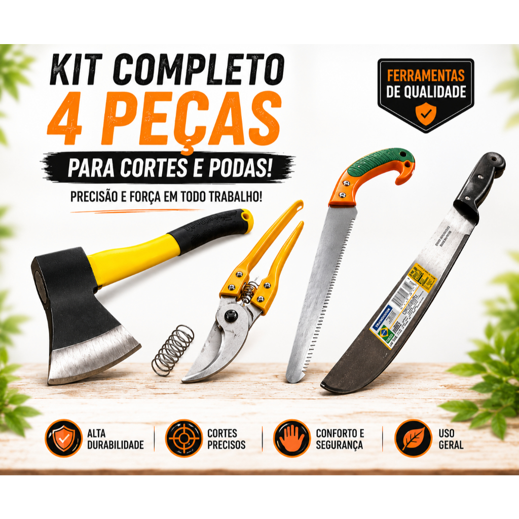 Kit Facão Tramontina 12" + Machado + Serrote + Tesoura para poda Ideal para Mato Poda, Carpintaria e Cana