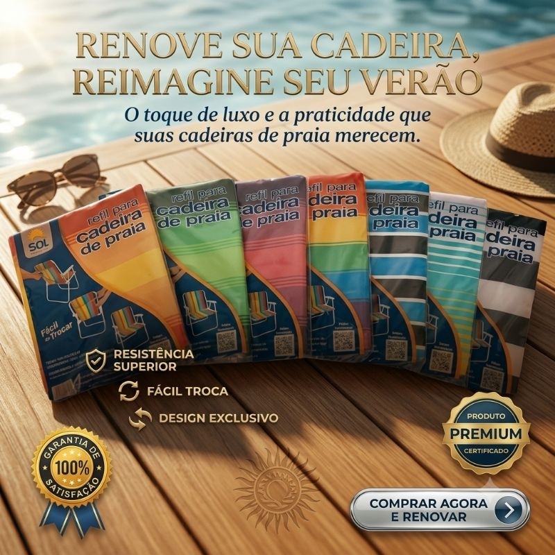 Refil Para Cadeira de Praia Tradicional com 5 Braçadeiras, Instalação Fácil, Não Reclinável