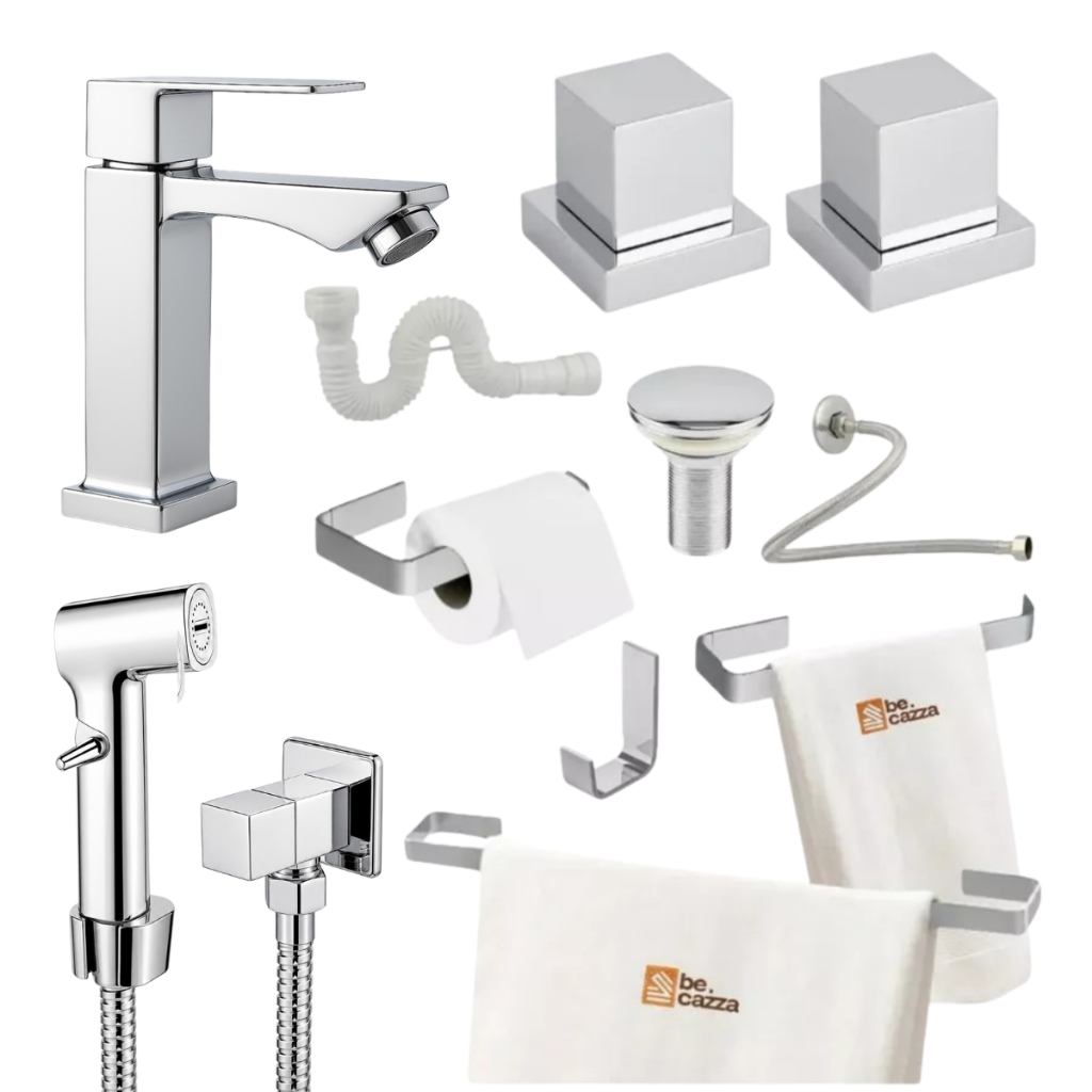 Kit Acessórios Banheiro Cromado + Ducha Chuveirinho Cromado Metal + Acabamento D