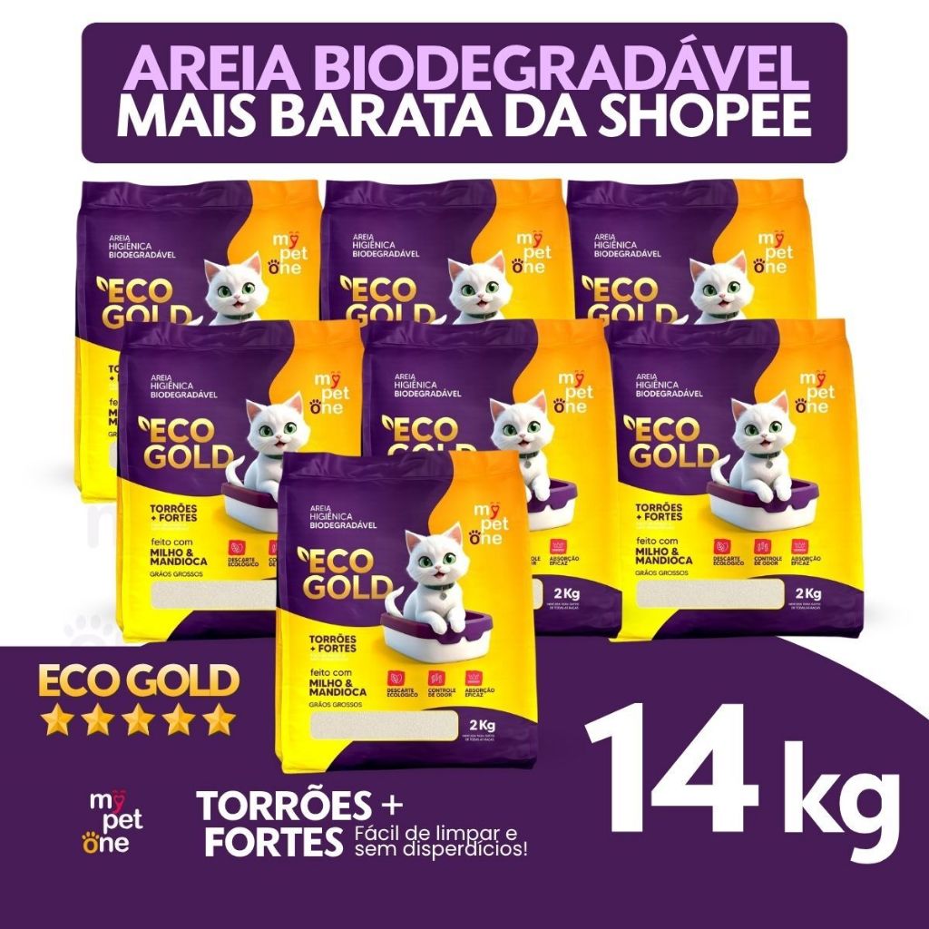 Kit 7 Areia Biodegradável Milho e Mandioca para Gatos Cat Bio Eco Gold Grãos Grossos MyPetOne - 14Kg