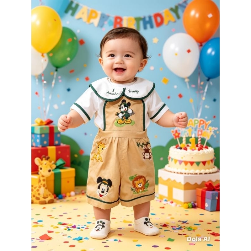 jardineira safari do Mickey,roupa de safari para criança,romper safari Mickey,romper do Mickey