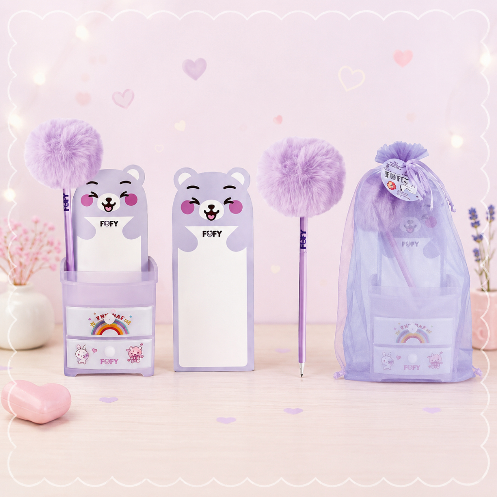 KIT DE ANOTAÇÃO/PORTA CANETA - LILAC BEAR - FOFY
