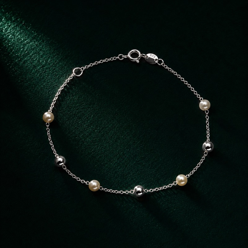 Pulseira Prata 925 com Bolinhas Lisas e Pérolas Elegante Delicada