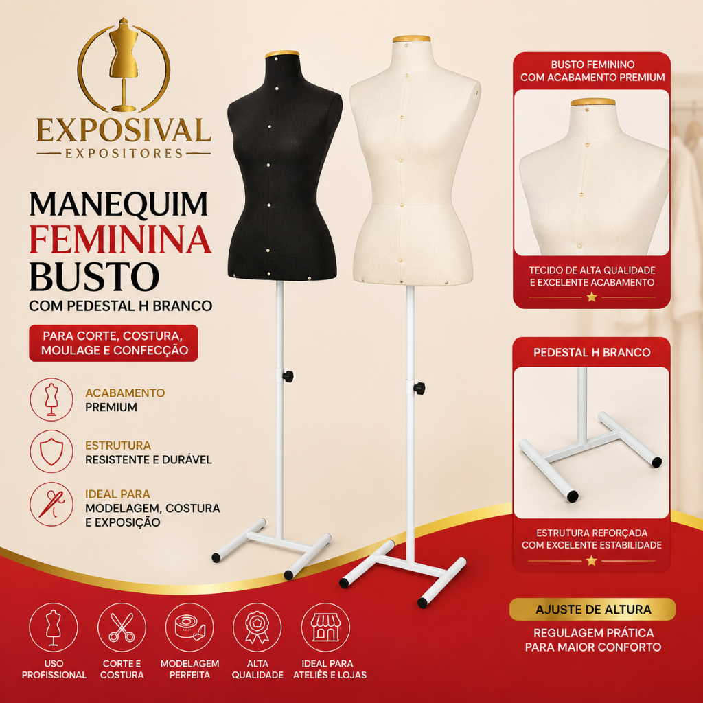 Manequim Feminina Busto Com Pedestal H branco Mosa Loja Roupas